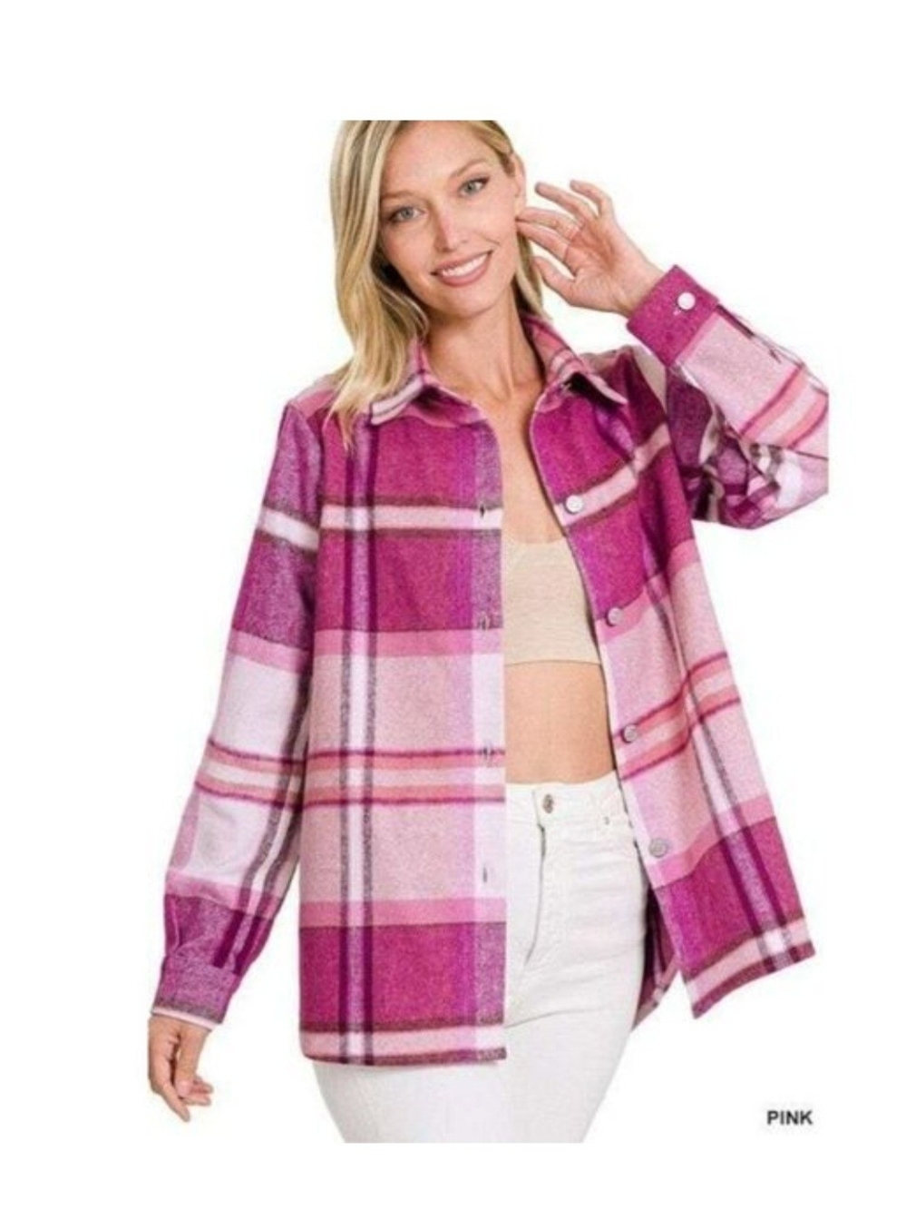 Zenana Outfitters Pink Plaid Button-Down Shirt Jacket